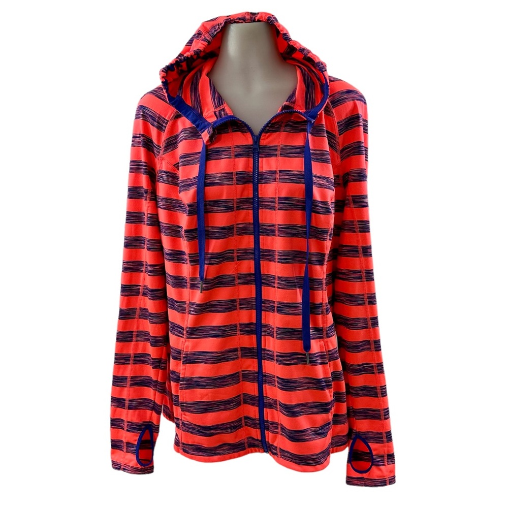 LUKKA Athletic Shirt Orange Blue Stripe Full Zip Long Sleeve Pockets Sz S